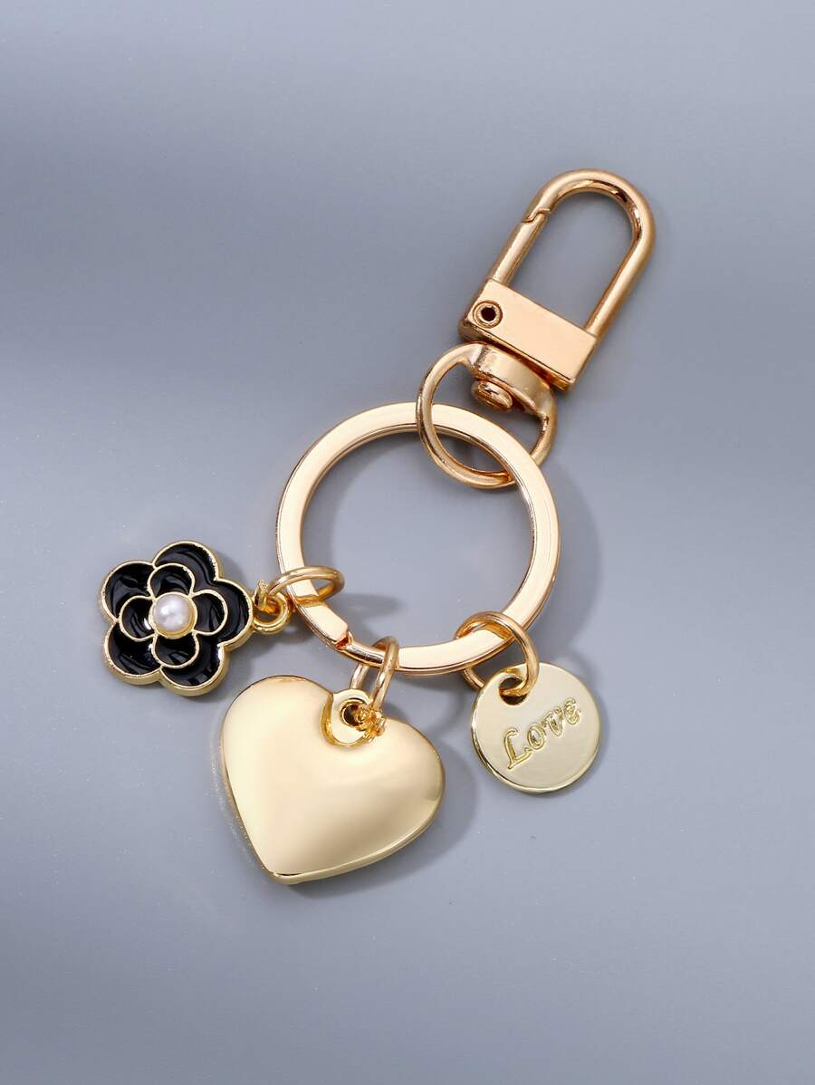 心和花朵掛飾鑰匙圈 - 金色 - 查看 1