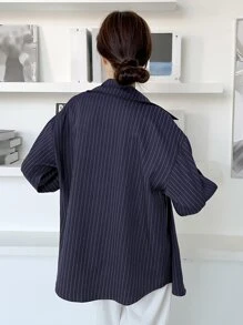 DAZY 女式宽松条纹休闲/校园衬衫学院风上衣，秋季女装长袖上衣 - 藏蓝色 - 查看 3