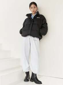 DAZY 标语刺绣抽绳下摆落肩拉链羽绒厚口袋外套，冬季女装，冬季外套女式夹克