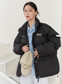 DAZY 标语刺绣抽绳下摆落肩拉链羽绒厚口袋外套，冬季女装，冬季外套女式夹克