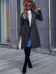 Chiquease Women's Casual Everyday Commute Simple Solid Color Lapel Collar Double-Breasted Long Overcoat, Autumn/Winter - Dark Grey - View 4