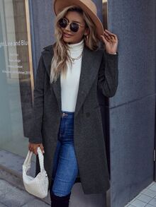 Chiquease Women's Casual Everyday Commute Simple Solid Color Lapel Collar Double-Breasted Long Overcoat, Autumn/Winter - Dark Grey - View 5