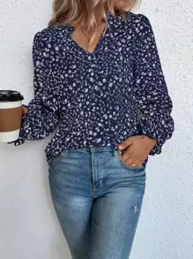 SHEIN Clasi Ditsy Floral Notched Neck Flounce Sleeve Blouse - Blue - View 1