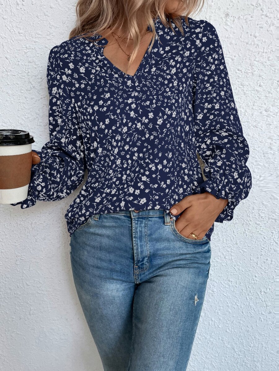 SHEIN Clasi Ditsy Floral Notched Neck Flounce Sleeve Blouse - Blue - View 1