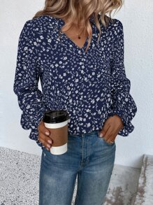 SHEIN Clasi Ditsy Floral Notched Neck Flounce Sleeve Blouse - Blue - View 4