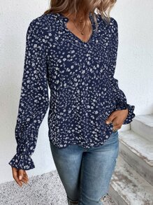 SHEIN Clasi Ditsy Floral Notched Neck Flounce Sleeve Blouse - Blue - View 6
