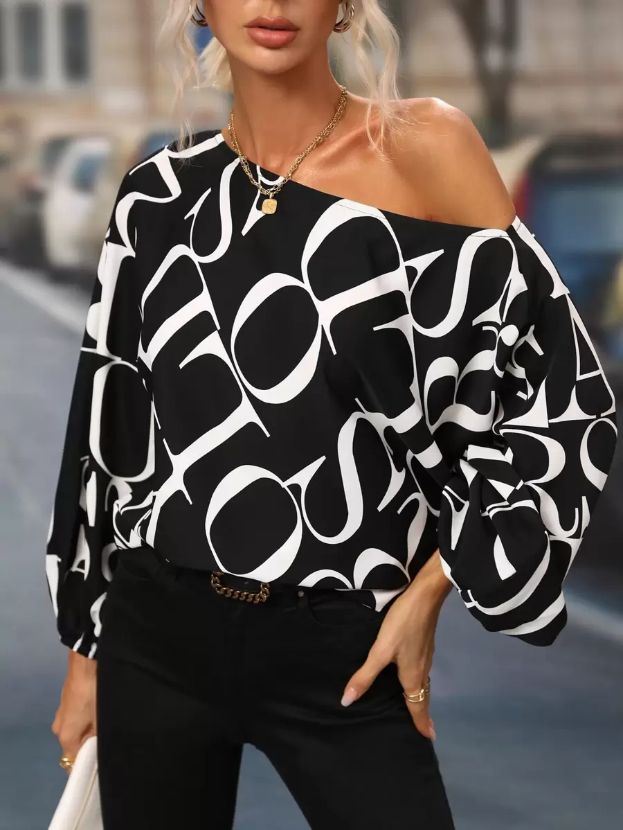 SHEIN Clasi Allover Letter Graphic Asymmetrical Neck Blouse - Black and White - View 1