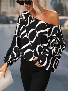 SHEIN Clasi Allover Letter Graphic Asymmetrical Neck Blouse - Black and White - View 6