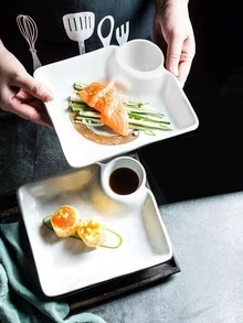 2 chiếc đĩa đồng màu, đĩa bánh bao với đĩa nước sốt, đĩa phục vụ hình vuông, đĩa ăn nhẹ, đĩa sushi, đĩa trái cây, khay tráng miệng, đồ dùng nhà bếp - trắng - Xem 3
