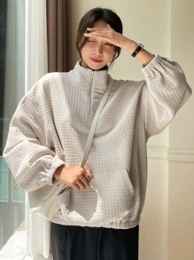 DAZY 衍縫半拉鏈袋鼠口袋落肩袖運動衫 - 米色 - 查看 3