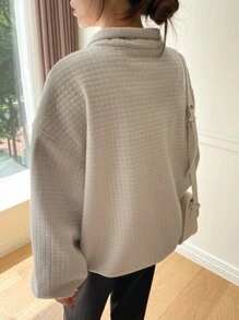 DAZY 衍縫半拉鏈袋鼠口袋落肩袖運動衫 - 米色 - 查看 2