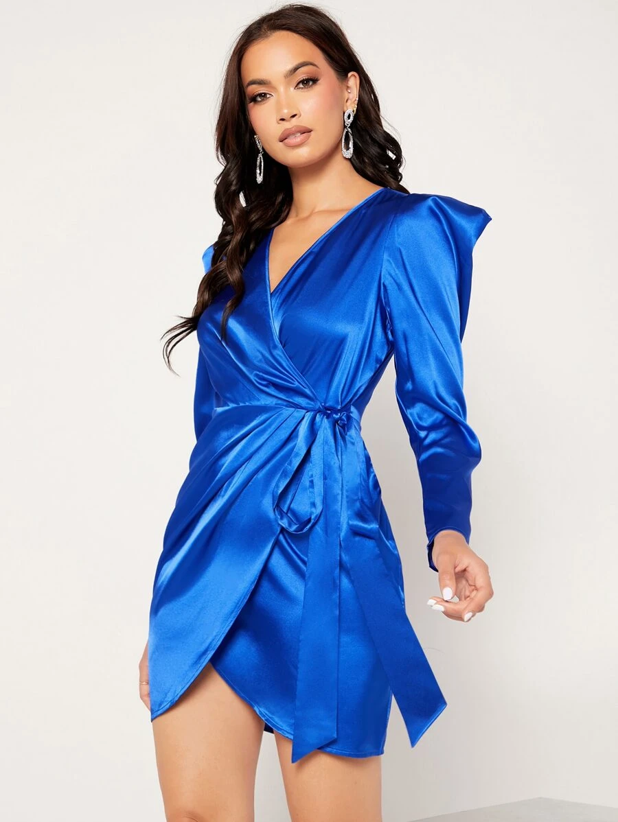 SHEIN Belle Đầm Trọn gói Thắt nơ trước màu trơn Hấp dẫn - Xanh đậm - Xem 1