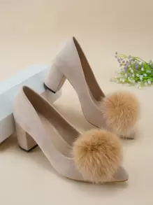 Zapatos de tacón con diseño de pompón de punta con tacón grueso sintética - Caqui - Ver 1