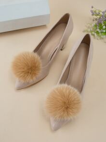 Zapatos de tacón con diseño de pompón de punta con tacón grueso sintética - Caqui - Ver 2