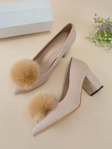 Zapatos de tacón con diseño de pompón de punta con tacón grueso sintética - Caqui - Ver 3