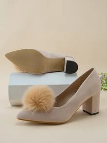 Zapatos de tacón con diseño de pompón de punta con tacón grueso sintética - Caqui - Ver 4