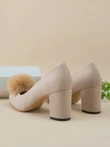 Zapatos de tacón con diseño de pompón de punta con tacón grueso sintética - Caqui - Ver 5