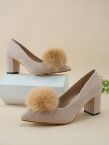 Zapatos de tacón con diseño de pompón de punta con tacón grueso sintética - Caqui - Ver 6