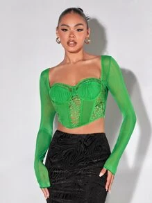 SHEIN BAE 蕾絲拼接雞心領口上衣 - 綠色 - 查看 1