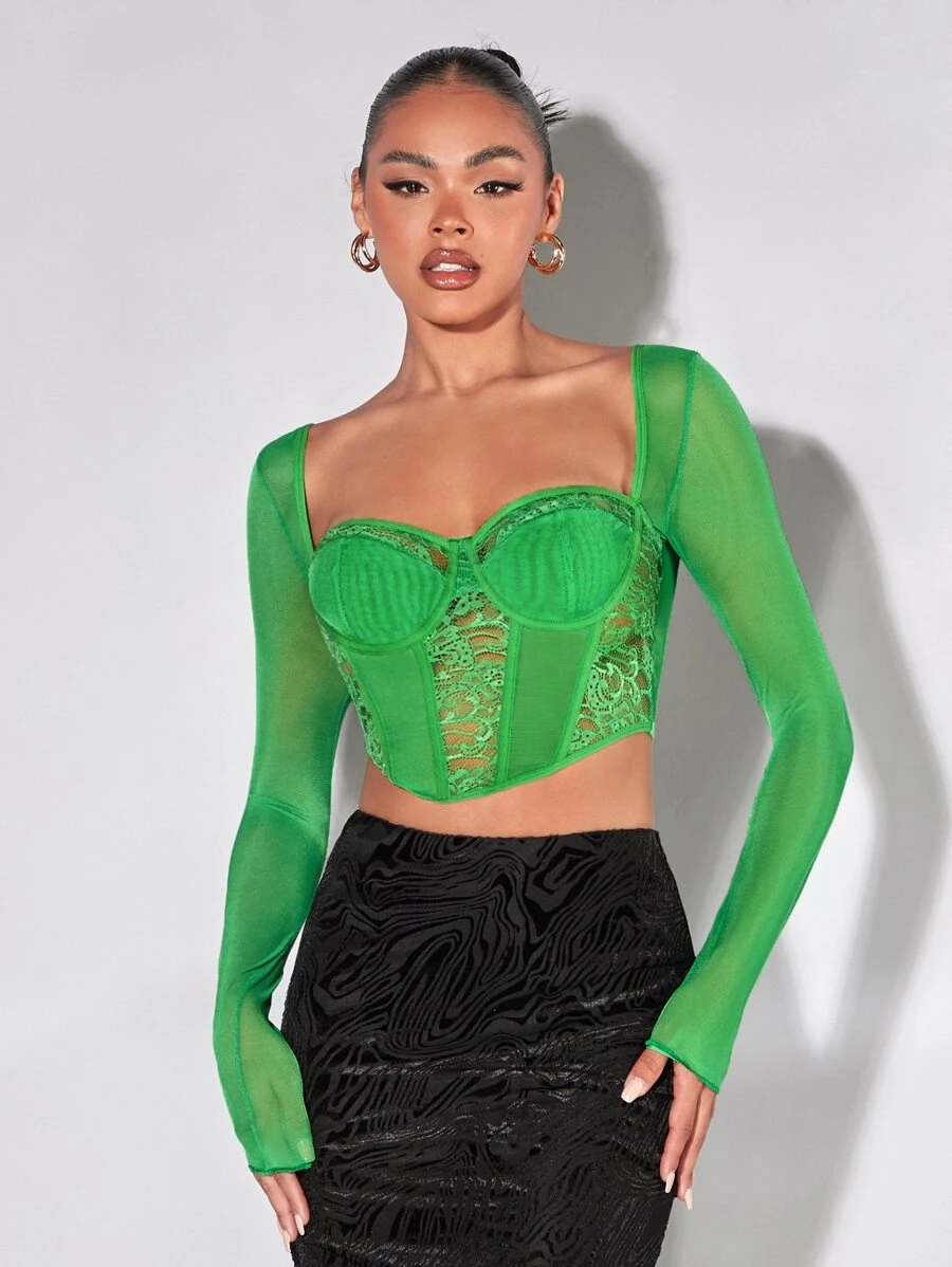 SHEIN BAE 蕾絲拼接雞心領口上衣 - 綠色 - 查看 1