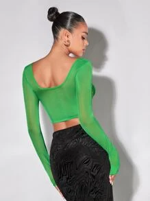 SHEIN BAE 蕾絲拼接雞心領口上衣 - 綠色 - 查看 2