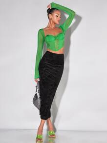 SHEIN BAE 蕾絲拼接雞心領口上衣 - 綠色 - 查看 4