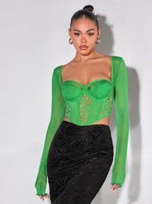 SHEIN BAE 蕾絲拼接雞心領口上衣 - 綠色 - 查看 5