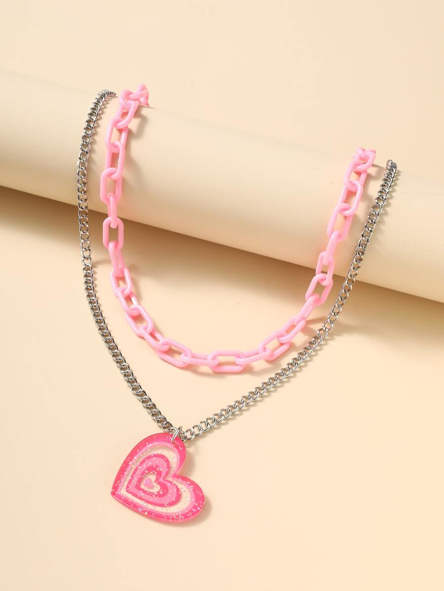 心形墜飾多層次項鍊 - 玫紅色 - 查看 1