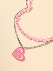 心形墜飾多層次項鍊 - 玫紅色 - 查看 2