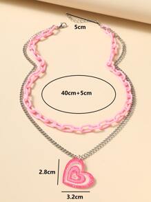 心形墜飾多層次項鍊 - 玫紅色 - 查看 3