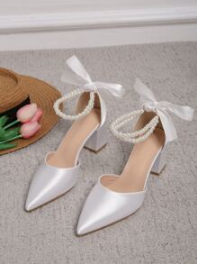 Giày cao gót mũi nhọn đính nơ và ngọc trai giả có quai mắt cá chân bằng vải satin cho ngày lễ tình nhân - trắng - Xem 2