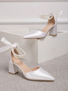 Giày cao gót mũi nhọn đính nơ và ngọc trai giả có quai mắt cá chân bằng vải satin cho ngày lễ tình nhân - trắng - Xem 3