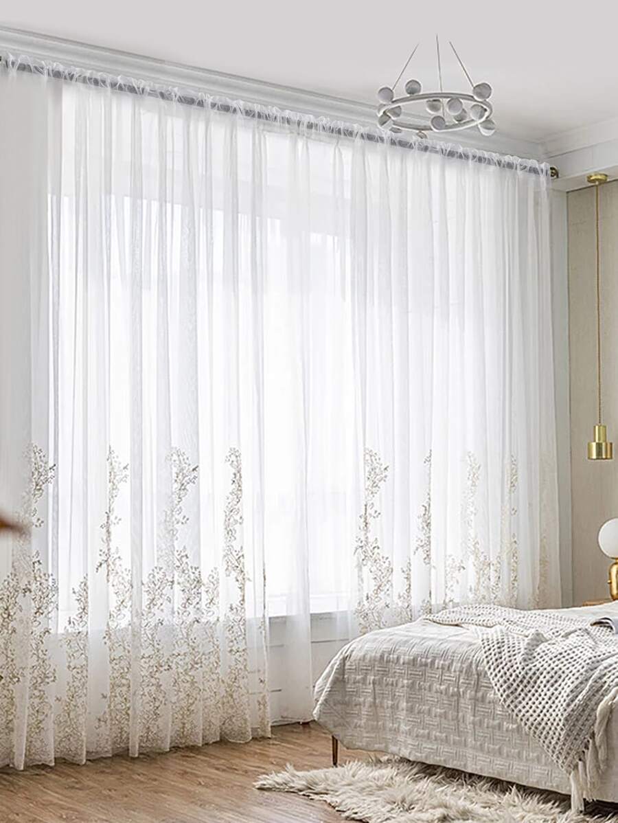1pc White Leaf Embroidery Sheer Curtain, Romantic And Luxurios Style Polyester Fiber Fabric, Suitable For Living Room, Bedroom, Window And Door Decoration