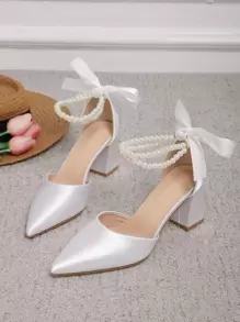 Giày cao gót mũi nhọn đính nơ và ngọc trai giả có quai mắt cá chân bằng vải satin cho ngày lễ tình nhân - trắng - Xem 6
