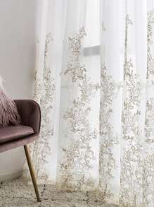 1pc White Leaf Embroidery Sheer Curtain, Romantic And Luxurios Style Polyester Fiber Fabric, Suitable For Living Room, Bedroom, Window And Door Decoration