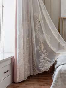 1pc White Leaf Embroidery Sheer Curtain, Romantic And Luxurios Style Polyester Fiber Fabric, Suitable For Living Room, Bedroom, Window And Door Decoration