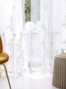 1pc White Leaf Embroidery Sheer Curtain, Romantic And Luxurios Style Polyester Fiber Fabric, Suitable For Living Room, Bedroom, Window And Door Decoration