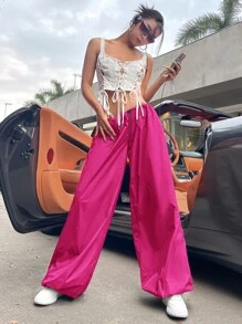 SHEIN ICON Gorpcore Pantalones parachute jogger 90s talle bajo de cintura con cordón - Rosa Fucsia - Ver 1
