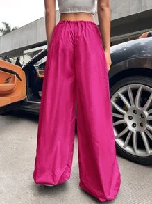 SHEIN ICON Gorpcore Pantalones parachute jogger 90s talle bajo de cintura con cordón - Rosa Fucsia - Ver 2