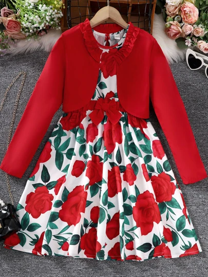 SHEIN 女孩褶邊夾克和印花連衣裙