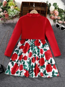 SHEIN 女孩褶邊夾克和印花連衣裙 - 紅白色 - 查看 2