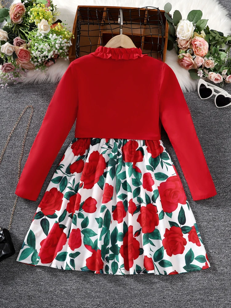 Girls Frill Trim Jacket & Floral Print Dress