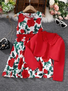 SHEIN 女孩褶邊夾克和印花連衣裙 - 紅白色 - 查看 3