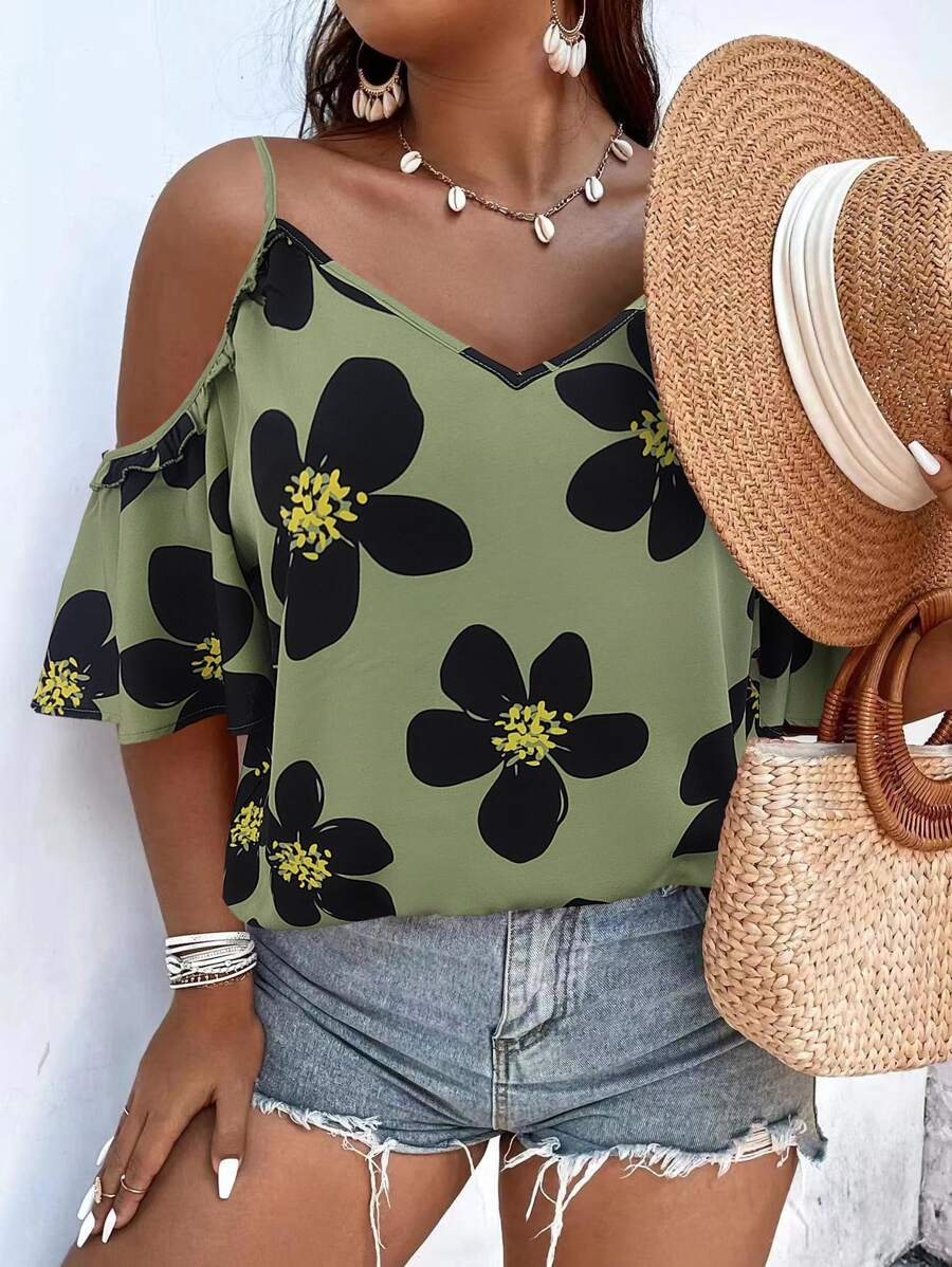 SHEIN LUNE Áo trễ vai in hoa Plus - xanh quân đội - Xem 1