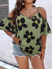 SHEIN LUNE Áo trễ vai in hoa Plus - xanh quân đội - Xem 3