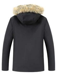 Manfinity Loose Fit Men's Hooded Padded Coat With Fuzzy Trim - Black - View 2