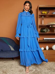 SHEIN VCAY Frill Trim Belted Dress - Royal Blue - View 1