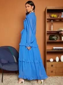 SHEIN VCAY Frill Trim Belted Dress - Royal Blue - View 2