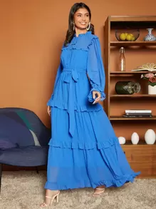 SHEIN VCAY Frill Trim Belted Dress - Royal Blue - View 4