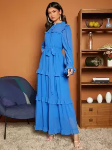 SHEIN VCAY Frill Trim Belted Dress - Royal Blue - View 5